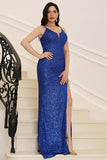 Royal Blue Spaghetti Straps Sequin Long Ball Dress With Slit