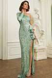 One Shoulder Green Sequin Ball Dress With Ruffles