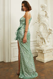 One Shoulder Green Sequin Ball Dress With Ruffles