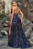 Navy A Line Spaghetti Straps Sequins Long Ball Dress with Open Back