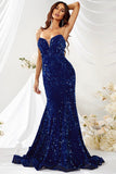 Royal Blue Mermaid Strapless Sequins Long Ball Dress