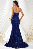 Royal Blue Mermaid Strapless Sequins Long Ball Dress