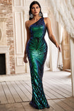 Green One Shoulder Glitter Mermaid Ball Dress
