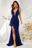 Mermaid Royal Blue Halter Sparkly Long Ball Dress With Slit