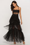Black Corset Asymmetrical Tulle Long Ball Dress