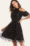 Black A-Line Stand-Up Collar Cold Shoulder Tassel Sequins Halloween Party Dress