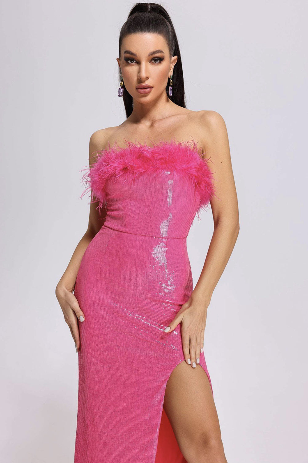 Hot Pink Strapless Sequins Sparkly Ball Dress with Feathers