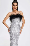 Silver Sequins Sparkly Cocktail Dress with Feathers