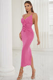 Hot Pink Bodycon Velvet Holiday Party Dress with Flower