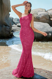 Hot Pink Sparkly Mermaid One Shoulder Formal Dress