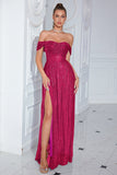 Sparkly Fuchsia Off The Shoulder Formal Dress with Slit