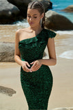 Mermaid Sequins One Shoulder Dark Green Formal Dress
