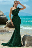 Mermaid Sequins One Shoulder Dark Green Formal Dress