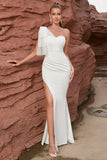White Mermaid One Shoulder  Long Formal Dress With Slit