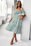 Green Square Neck Floral Printed Summer Dress