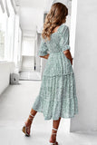 Green Square Neck Floral Printed Summer Dress
