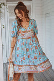 V Neck Bohemian Style Printed Blue Summer Dress