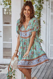 V Neck Bohemian Style Printed Blue Summer Dress