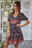 V Neck Bohemian Style Printed Blue Summer Dress