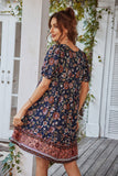 V Neck Bohemian Style Printed Blue Summer Dress