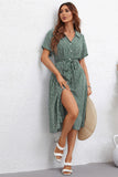 Green Printed V-Neck Short Sleeves Summer Dress