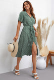 Green Printed V-Neck Short Sleeves Summer Dress