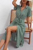 Green Printed V-Neck Short Sleeves Summer Dress