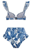 3 Piece Blue Printed Bikini Set Tie Beach Dress