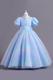 Puff Sleeves Blue Sequins Tulle Girls' Dress