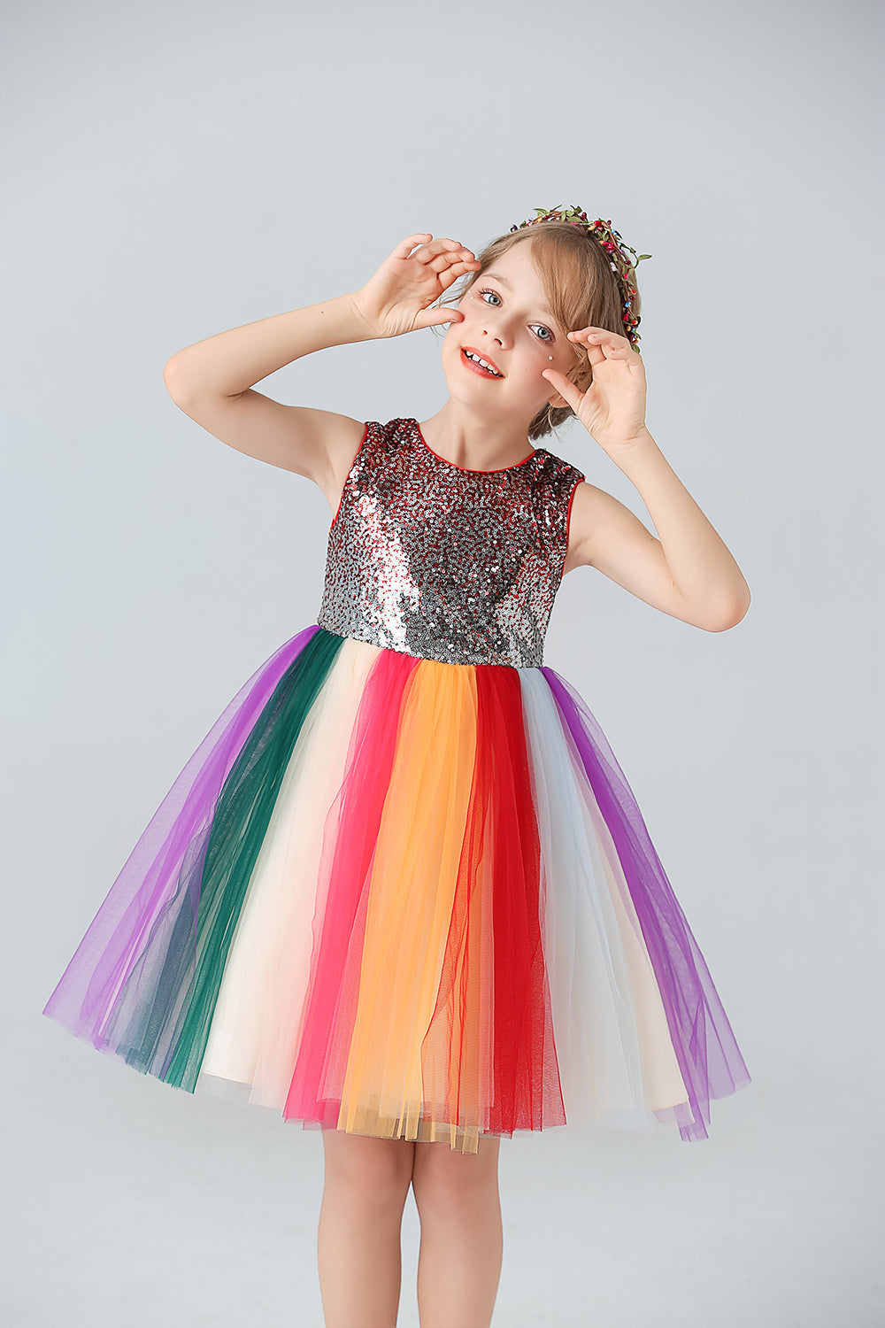 Buy Multi Color Satin And Tulle Embroidery Clouds & Rainbow Dress For Girls  by Hoity Moppet Online at Aza Fashions.