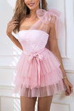 One Shoulder Tulle Pink Cocktail Dress with Bowknot