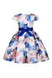 Blue Floral Girls' Dress with Bowknot