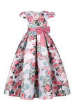 Blush Print Floral Long Girls' Dress with Bowknot