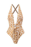 One Piece Leopard Print Brown Bikini Set with Beach Skirt