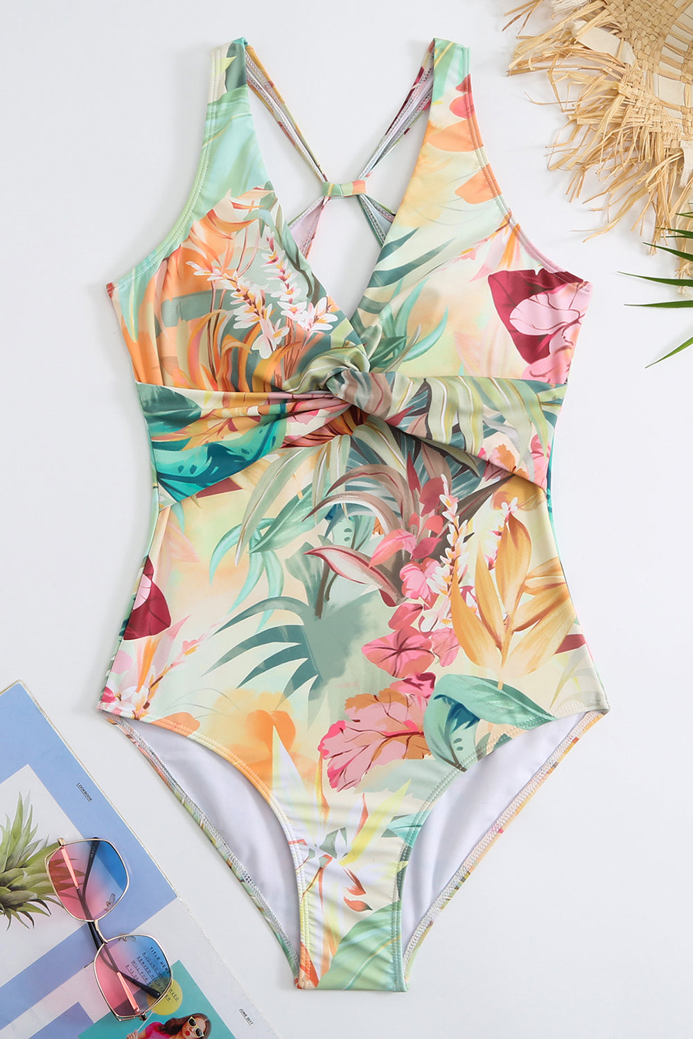 Zapaka Women Yellow Swimwear Set One Piece Flower Printed Bikini