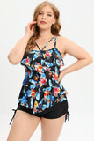 Two Piece Printed Black Plus Size Swimwear with Boxer