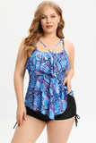 Two Piece Printed Black Plus Size Swimwear with Boxer