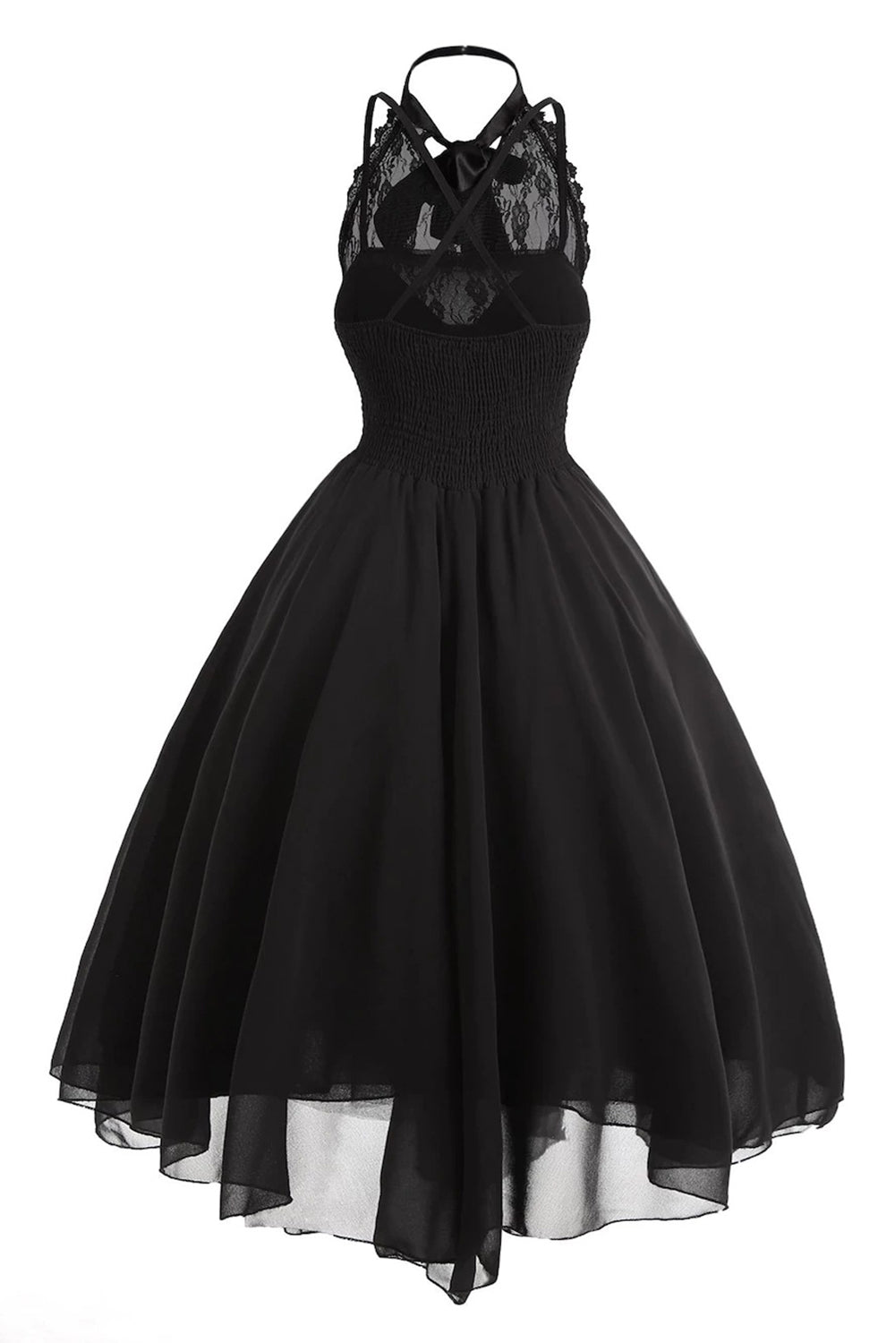 Zapaka Women Black Chiffon Vintage Halloween Dress Halter Backless Retro Dress with Lace ZAPAKA NZ Zapaka Women Black Chiffon Vintage Halloween Dress Halter Backless Retro Dress with Lace ZAPAKA NZ
