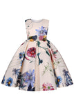 A Line Jewel Neck Light Blue Printed Girls Dress