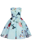 A Line Jewel Neck Light Blue Printed Girls Dress