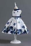 A Line Jewel Neck Blue Printed Girls Dress
