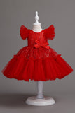 A Line Jewel Neck Red Girls Dress with Bowknot