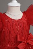 A Line Jewel Neck Red Girls Dress with Bowknot