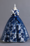 Blue Flower Tulle Long Girls Dress With Ruffles