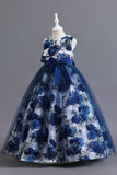 Blue Flower Tulle Long Girls Dress With Ruffles