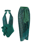 Halter Neck Green One Piece Swimwear with Beach Skirt
