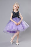 Purple Tulle High Low Sparkly Girls Party Dress With Bow
