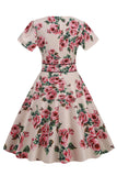 Pink A Line V Neck Flower Print Swing Vintage Dress