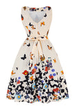 Butterfly Print Sleeveless Apricot 1950s Dress