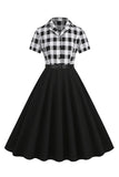 V-Neck Short Sleeves Plaid Black 1950s Dress with Belt